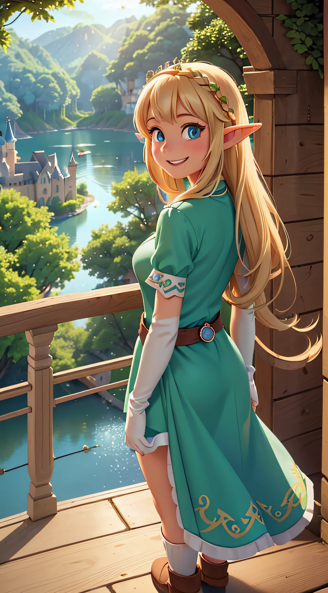 1girl, 30 years old,solo, long hair,medium breasts,elf ears,(light blonde hair), blue eyes, happy face,smile,green princess dress,princess gloves, ((standing on a balcony in an elf castle,hidden arms, trees, houses,lake,looking at viewer, looking back,sunlight)),cowboy shot