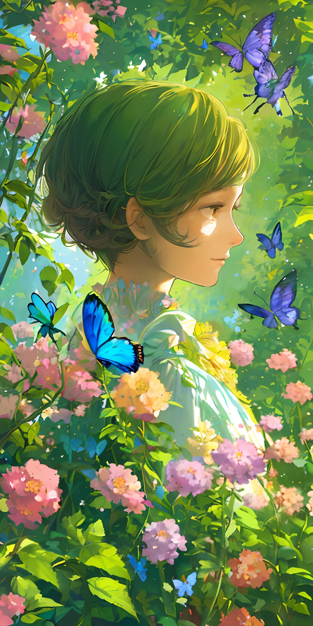 (最好的质量, 杰作, 超现实), 1 美丽精致的女孩肖像, 带着柔和、平和的表情, 背景是一座花园，里面有开花的灌木丛和飞舞的蝴蝶.