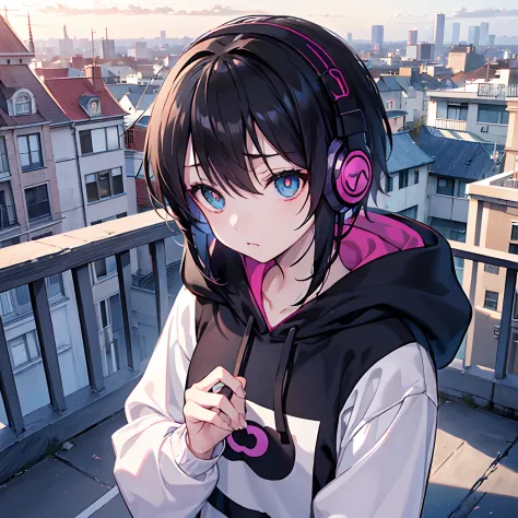 (top-quality、masutepiece)、(((Delicat eyes)))、1 persons、girl with、Serious face、Black hair、Wearing headphones、wearing hoodies、Stand on the roof of a building、Urban View、during daytime