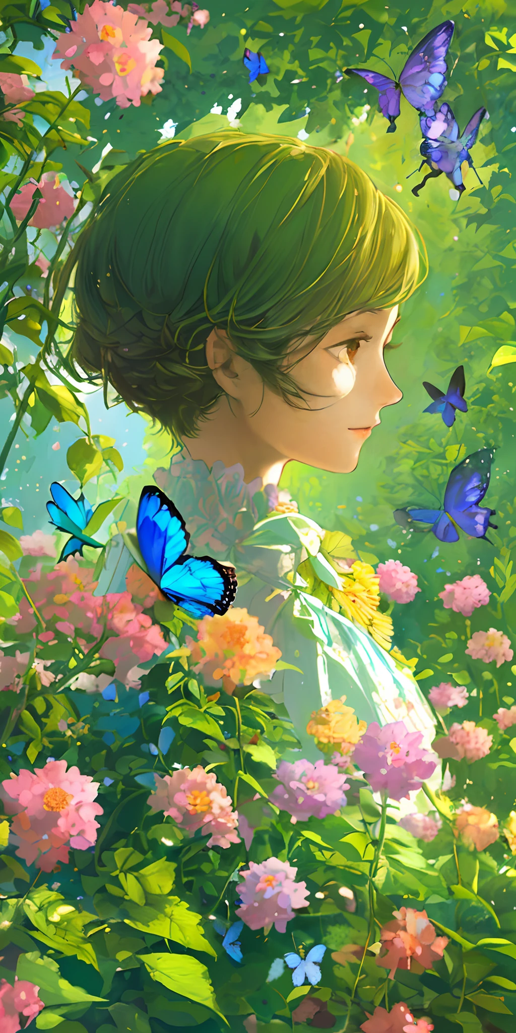 (beste Qualität, Meisterwerk, ultra-realistisch), Porträt von 1 schönen und zarten Mädchen, mit einem sanften und friedlichen Ausdruck, Die Hintergrundkulisse ist ein Garten mit blühenden Büschen und herumfliegenden Schmetterlingen.