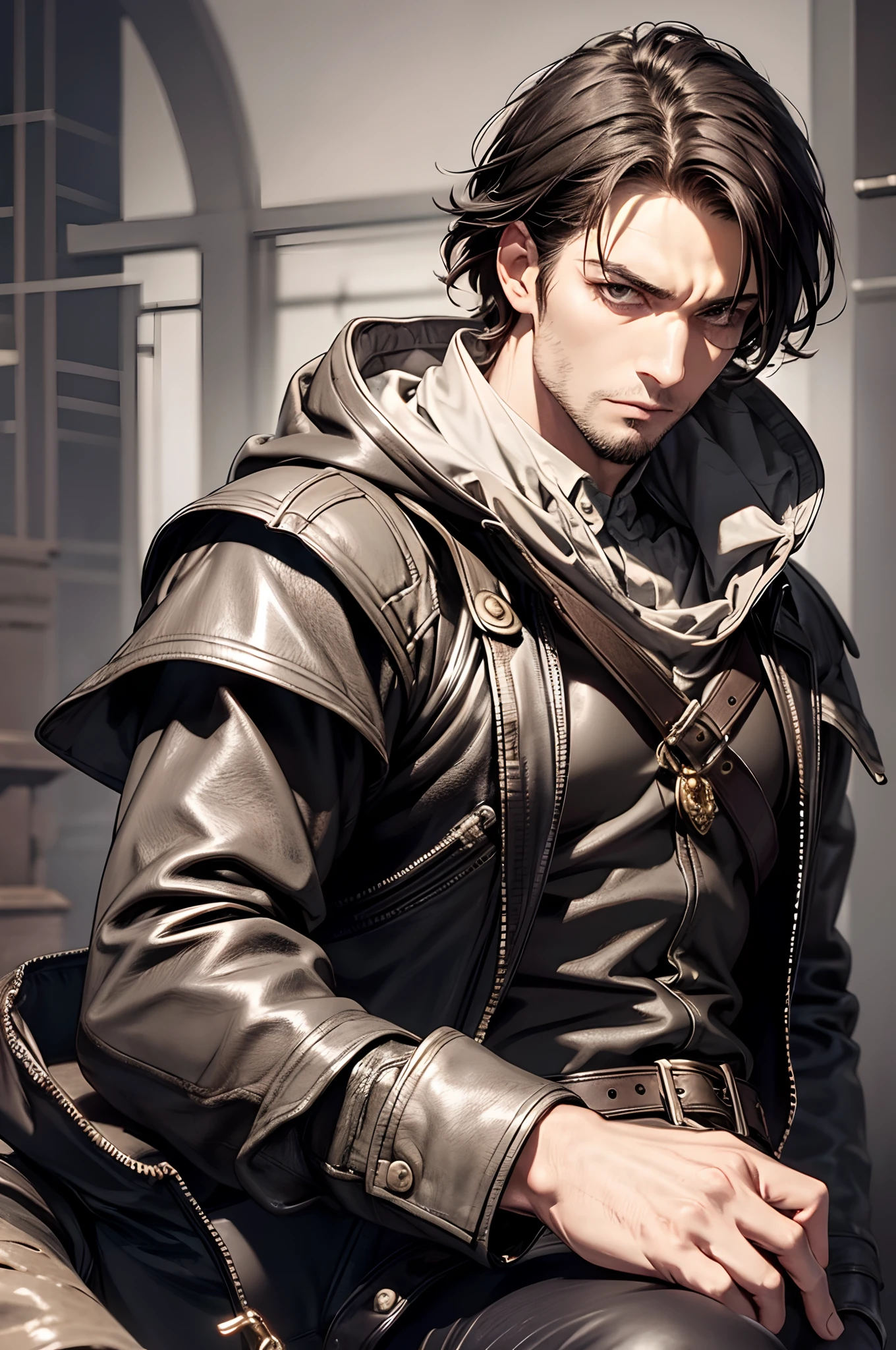 (absurderes, hight resolution, ultra-detailliert), 1 male, Adult, Handsome, High muscular face, broad shoulders, finely detailed eyes, Short black hair, Brown eyes, Black cloak, Wearing a hood, Leather Vest, Leather bag at waist, 2 daggers on the belt, castle, Atmosphere in the Middle Ages, Natural Light and Shadow, Bright particles fly around a man, Fantastic, Mysterious, Bright glow,  Seated Pose, Serious expression, Cold, thoughtful, Mouth Shut