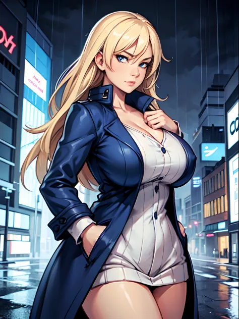 Close up face and chest, 1 girl, ((huge breasts)), ((large breasts)), blue eyes, night city, rain, coat, hands in pockets,