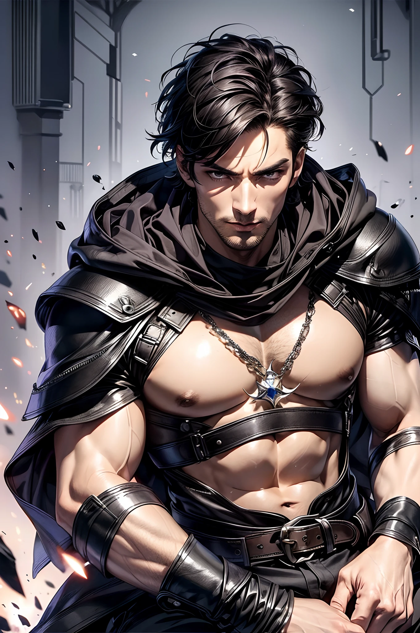 (absurderes, hight resolution, ultra-detailliert), 1 male, Adult, Handsome, High muscular face, broad shoulders, finely detailed eyes, Short black hair, Brown eyes, Black cloak, Wearing a hood, Leather Vest, Leather bag at waist., 2 daggers on the belt, castle, Medieval atmosphere, Natural Light and Shadow, Bright particles fly around a person, Fantastic, Mysterious, Bright glow,  Seated Pose, Serious expression, Cold, thoughtful, Mouth Shut