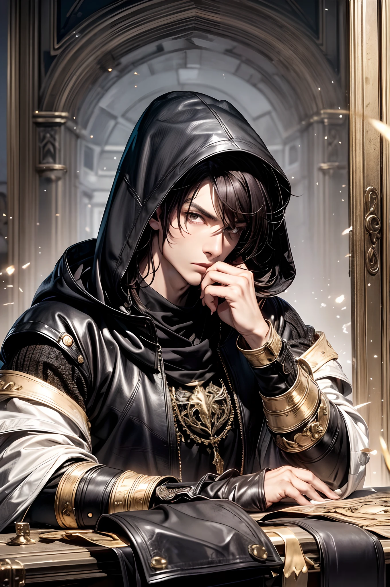 (absurderes, hight resolution, ultra-detailliert), 1 male, Adult, Handsome, High muscular face, broad shoulders, finely detailed eyes, Short black hair, Brown eyes, Black cloak, Wearing a hood, Leather Vest, Leather bag at waist., 2 daggers on the belt, castle, Medieval atmosphere, Natural Light and Shadow, Bright particles fly around a person, Fantastic, Mysterious, Bright glow,  Seated Pose, Serious expression, Cold, thoughtful, Mouth Shut