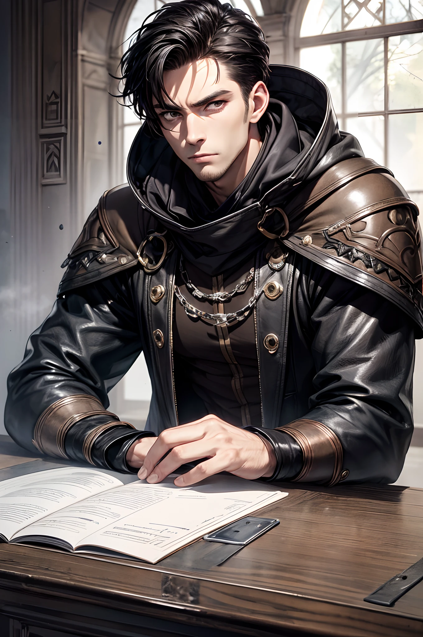 (absurderes, hight resolution, ultra-detailliert), 1 male, Adult, Handsome, High muscular face, broad shoulders, finely detailed eyes, Short black hair, Brown eyes, Black cloak, Wearing a hood, Leather Vest, Leather bag at waist., 2 daggers on the belt, castle, Medieval atmosphere, Natural Light and Shadow, Bright particles fly around a person, Fantastic, Mysterious, Bright glow,  Seated Pose, Serious expression, Cold, thoughtful, Mouth Shut