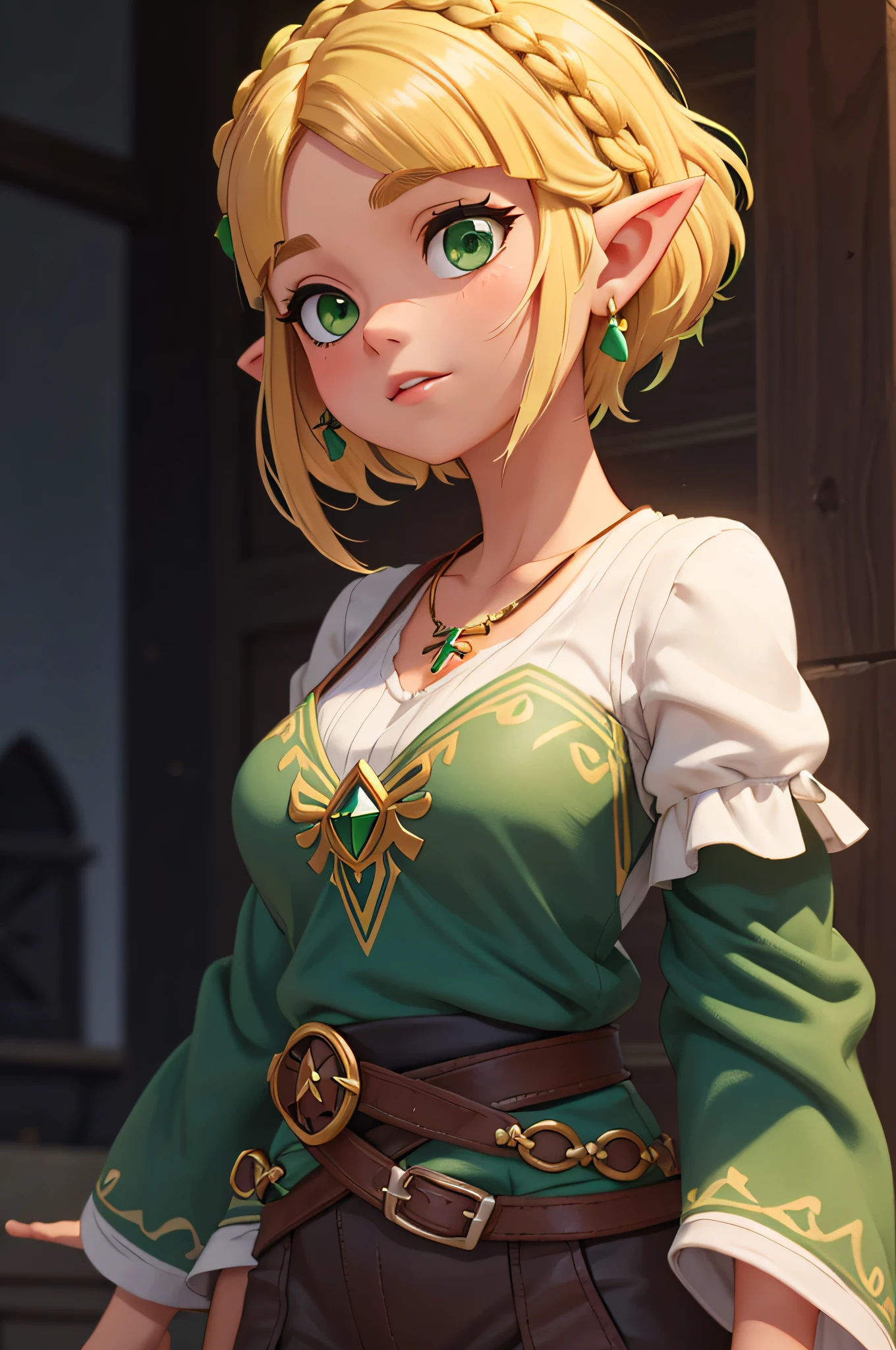 princesse zelda, cheveux blond, (yeux verts:1.5), oreilles pointues, ornement de cheveux, pince à cheveux, Frange séparée, Cheveux courts, tresse de couronne