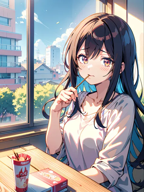 Pocky、Anime girl eating pokie in front of the window, anime moe art style, Anime visuals of cute girls, Smooth Anime CG Art, cha...