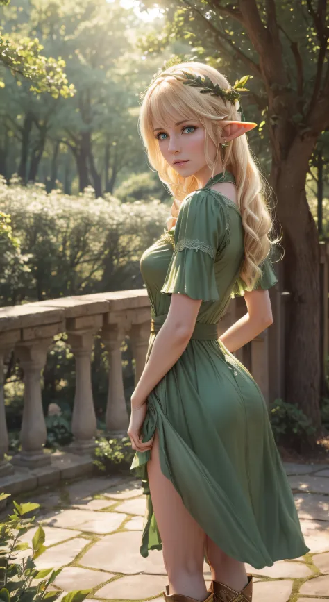 realistic eff, green dress, elven ears, green eyes, blonde, detailed background, (8k, RAW photo, best quality, masterpiece:1.2, ...