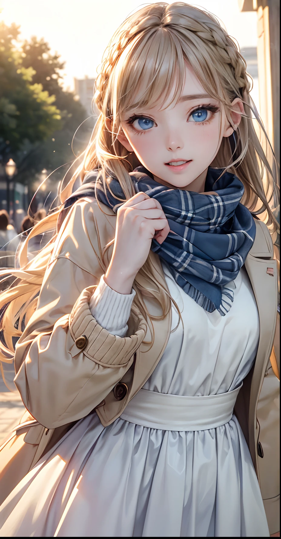 (​masterpiece),(top-quality:1.2),1girl in,(masuter piece:1.3),exquisitedetails, Highest quality 8K resolution, Ultra-detailed, Realistic, Vibrant colors, Soft tones, With warm and gentle lighting,(Beautiful plaid scarf:1.3),(Preet Pink Ruffled Ribbon Dress,) (Brown long coat:1.2) early evening,Big sunset,(Smooth straight blonde hair:1.2),(Hair parted in the middle:1.3),(Glowing hair),(Dark blue eyes:1.3),White skin, hair clips,Overflowing soft and gentle feelings,(The promenade is full of flowers),The sun's rays illuminate joy and pure love, Warm golden glow,The atmosphere is full of happiness and laughter, As if celebrating love,Sticking to ultra-detailed depictions and vivid colors. In a style that blends romanticism and realism、You can feel the depth of love,color palettes,Create an ethereal atmosphere like a dream,and the lighting is soft and diffused, Shine a gentle light on your face,The artwork is a masterpiece,