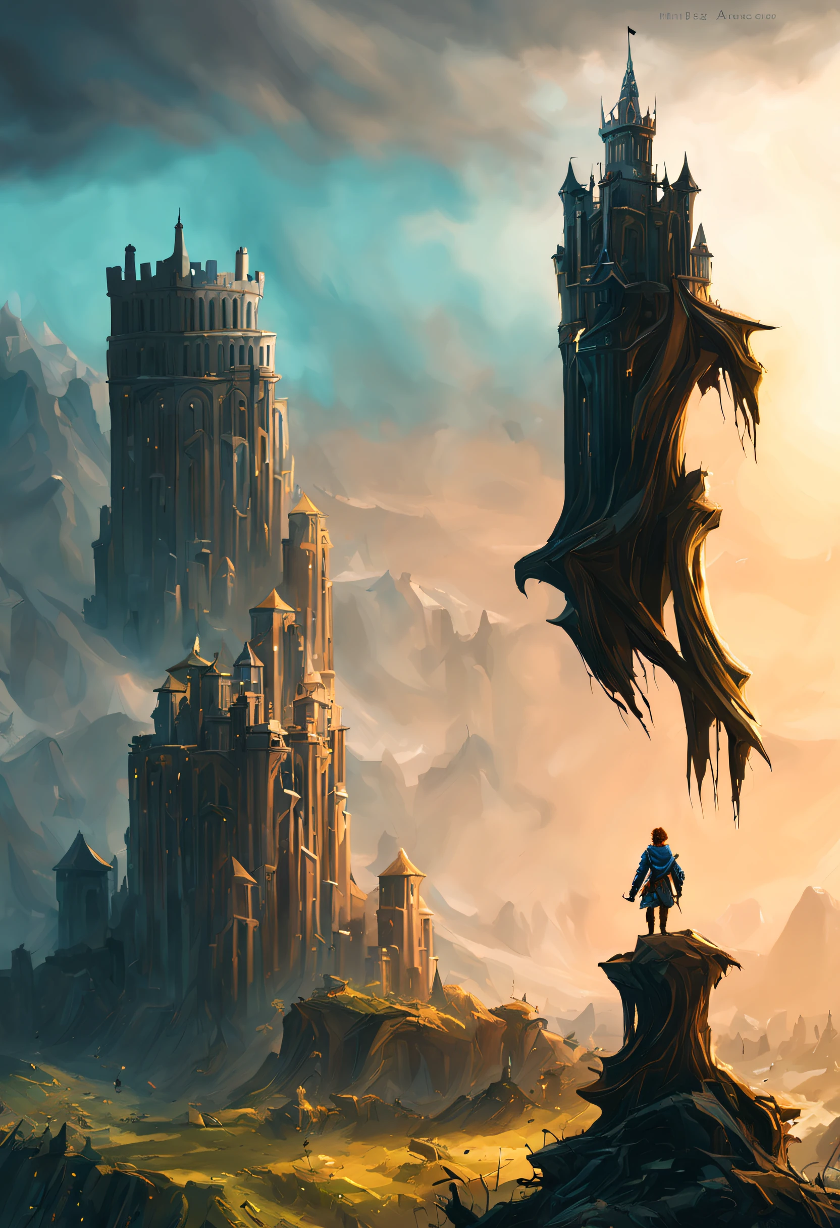 painting of a man standing on a rock overlooking a castle, breath of the wild art style, concept art wallpaper 4k, ruins landscape, painterly concept art, game art matte painting, andreas rocha and john howe, in front of a ruined city, concept art. epic landscape, painted as a game concept art, stunning! concept art, zelda style art