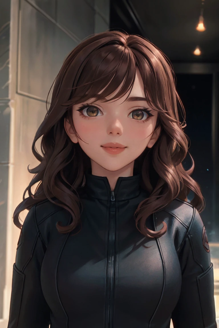 real, atmospheric scene, masterpiece, best quality, (detailed face, detail skin texture, ultra-detailed body),(cinematic light),
1girl, s04r13t1i2-smf, brown hair, lips, long hair, curly hair, upper body, (green eyes:0.5), portrait, smile