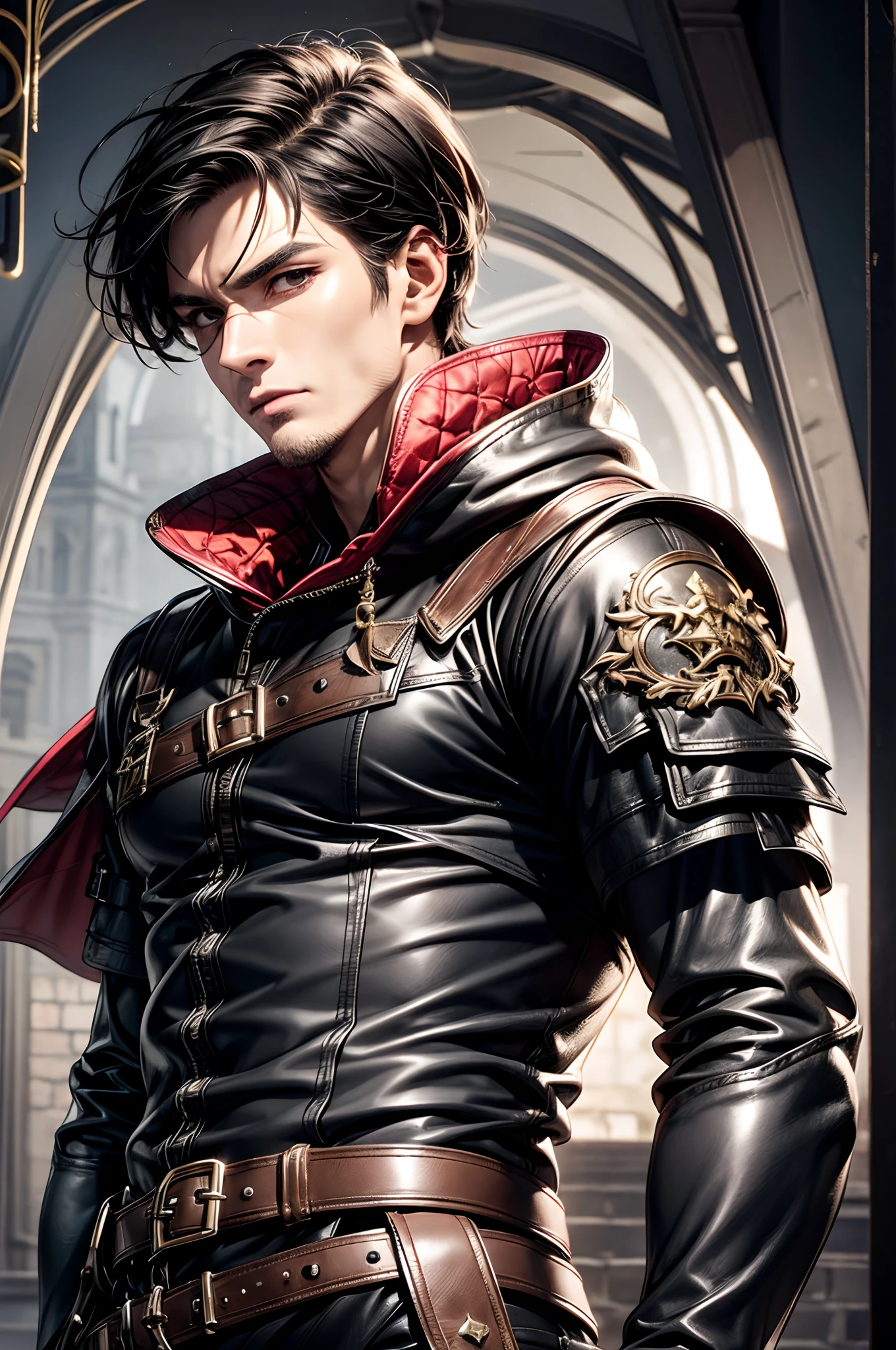 (absurderes, hight resolution, ultra-detailliert), 1 male, Adult, Handsome, High muscular face, broad shoulders, finely detailed eyes, Short black hair, Brown eyes, Black cloak, Wearing a hood, Leather Vest, Leather bag at waist......, 2 daggers on the belt, castle, Medieval atmosphere, Natural Light and Shadow, Bright particles fly around a person, Fantastic, Mysterious, Bright glow,  Seated Pose, Serious expression, Cold, thoughtful, Mouth Shut