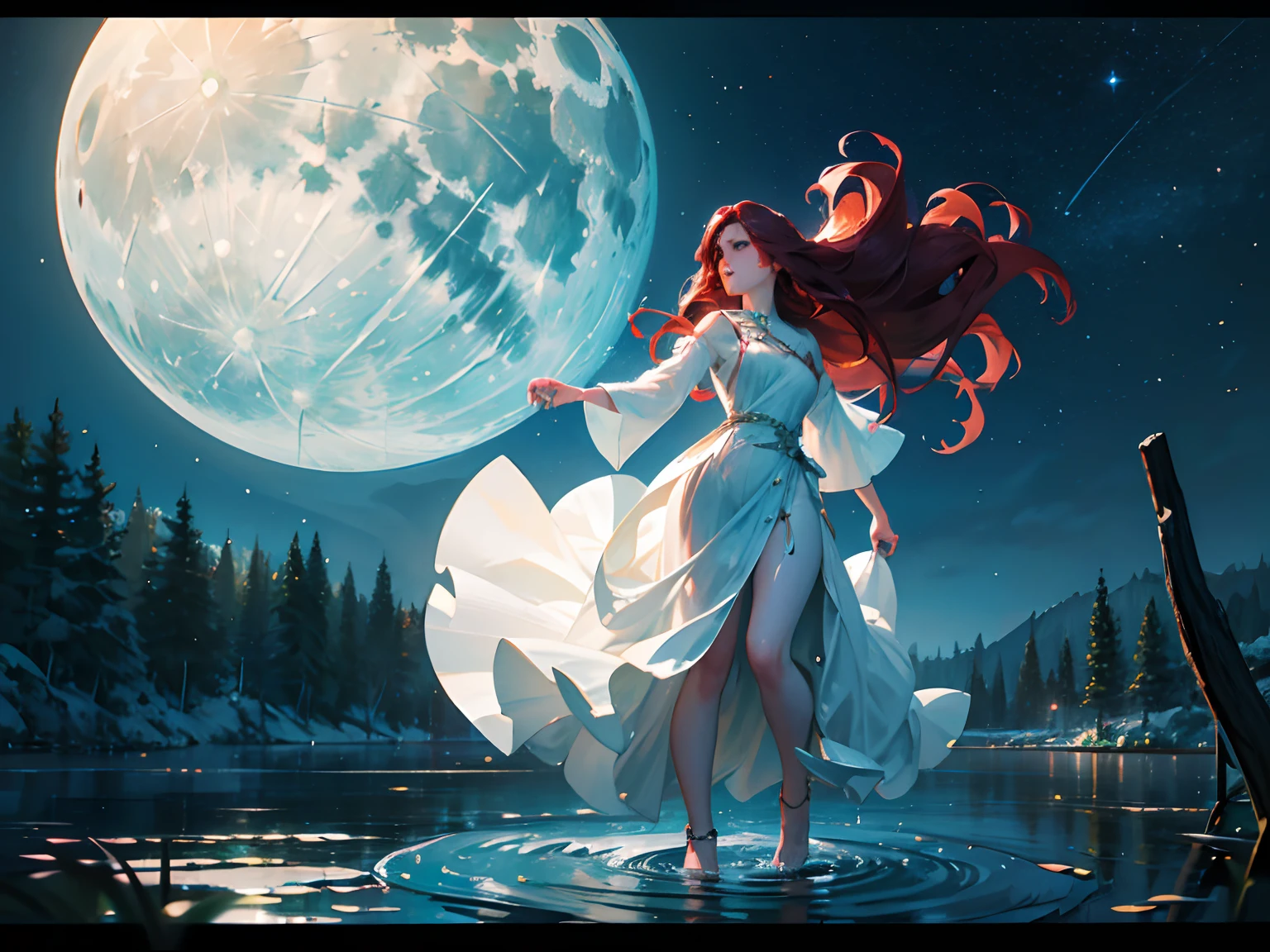 (best quality, 4k, 8k, highres, masterpiece:1.2), ultra-detailed, (realistic,photorealistic, photo-realistic:1.37), long-haired woman with vibrant red hair, mesmerizing and ethereal, standing waist-deep in calm water at nighttime, illuminated by the soft glow of moonlight, oneiric ambiance, pure and tranquil, wearing a flowing white gown, dancing gracefully, moon shining brightly above her, casting a gentle radiance, creating a mystical atmosphere, serene lotus flowers blooming around her, adding a touch of elegance and beauty, illustrious Kenneth Klemm inspired style, blanketed under the influence of post-impressionism technique, stroke of brush resembling vigorous movement, expressing emotions and energy, vibrant and vivid colors, finely detailed brushstrokes, immersed in the tranquility of the scenery, solitary figure exuding grace and allure.