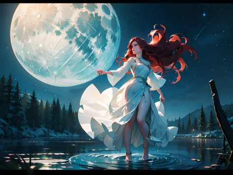 (best quality, 4k, 8k, highres, masterpiece:1.2), ultra-detailed, (realistic,photorealistic, photo-realistic:1.37), long-haired woman with vibrant red hair, mesmerizing and ethereal, standing waist-deep in calm water at nighttime, illuminated by the soft g...