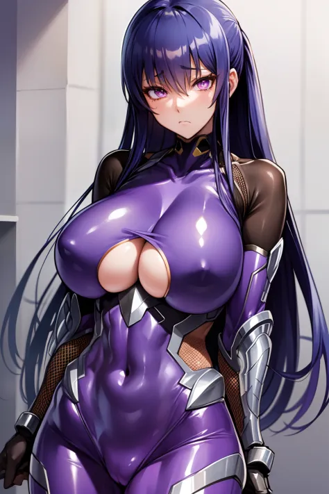((masutepiece)), (((Best Quality))), tre anatomically correct,  ((Very large breasts)),  The upper part of the body, Grown-up, Navy blue hair, hair over eyes, Purple eyes,Unhappy,, big butts,  Demon Shinobi Suit,Rinko costume, Very long hair, Blue hair, ha...
