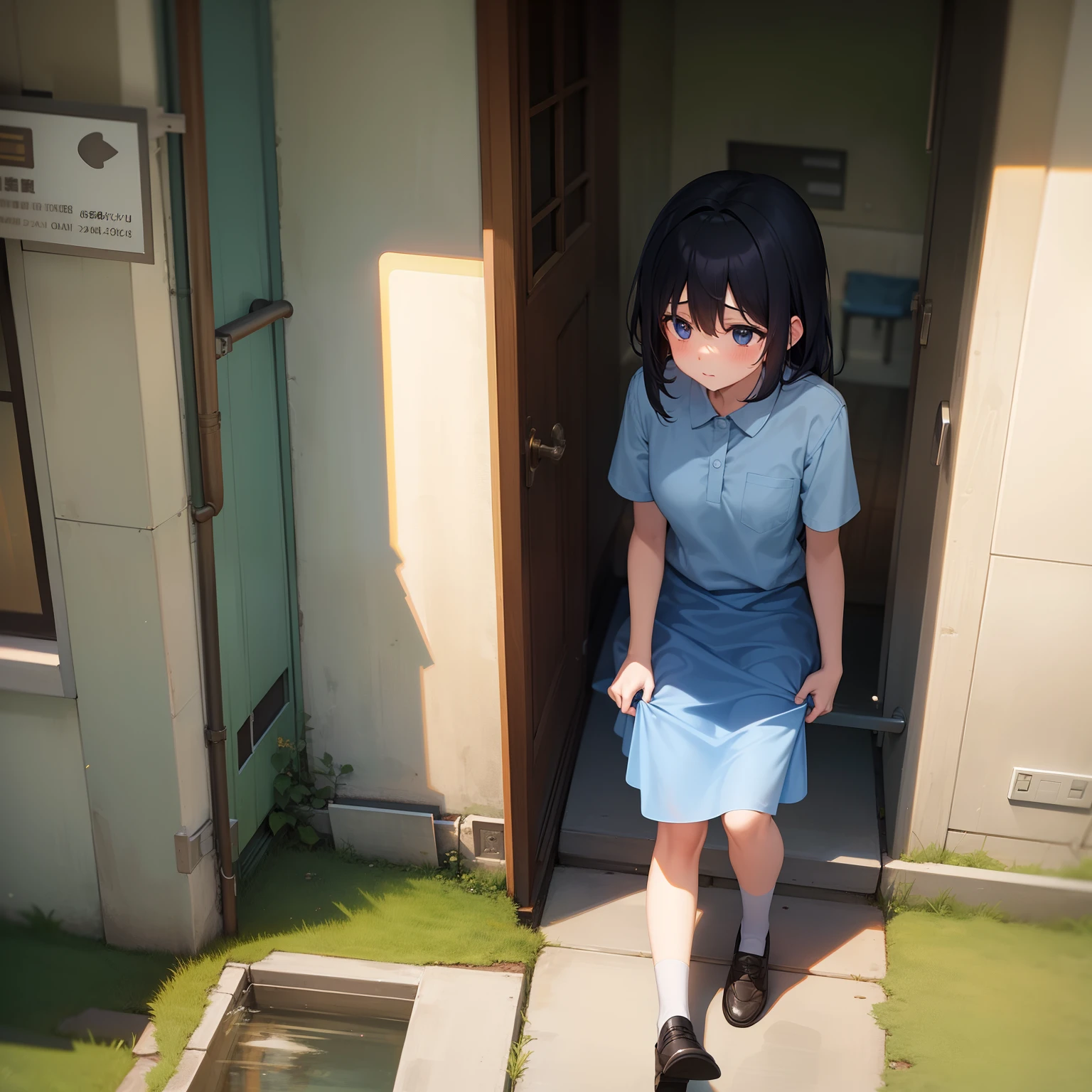 Anime girl in blue dress standing in doorway of a building - SeaArt AI