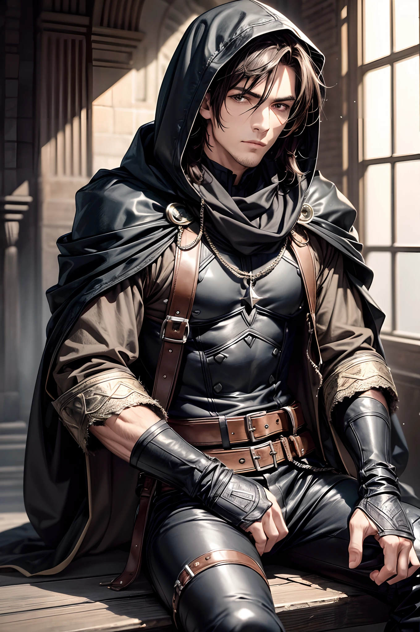 (absurderes, hight resolution, ultra-detailliert), 1 male, Adult, Handsome, High muscular face, broad shoulders, finely detailed eyes, Short black hair, Brown eyes, Black cloak, Wearing a hood, Leather Vest, Leather bag at waist.............., 2 daggers on the belt, castle, Medieval atmosphere, Natural Light and Shadow, Bright particles fly around a person, Fantastic, Mysterious, Bright glow,  Seated Pose, Serious expression, Cold, thoughtful, Mouth Shut