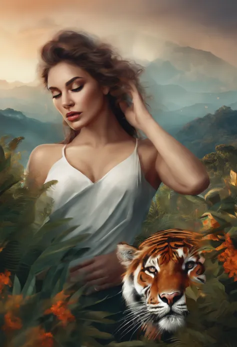 Draw a tiger，Draw a woman's face and a tiger's head, stunning digital illustration, Beautiful digital artwork, gorgeous digital art, Exquisite digital illustration, art of alessandro pautasso, stunning digital painting, beautiful digital art, beautiful gor...
