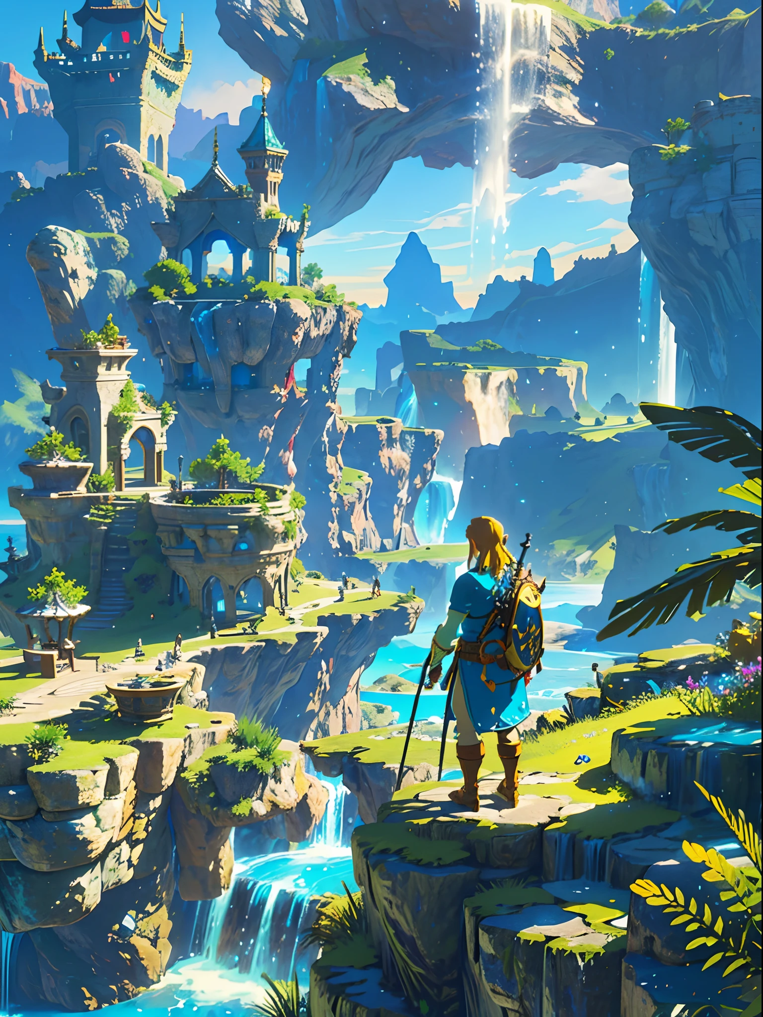 (best quality,4k,8k,highres,masterpiece:1.2),ultra-detailed,(realistic,photorealistic,photo-realistic:1.37),fantasy landscape,adventurer standing on a mountain,view from behind,desert,cactus,castle,The Legend of Zelda,enchanted sky,majestic mountains,mysterious fog,epic adventure,mythical creatures,magic crystals,majestic sunbeam,ancient ruins,hidden treasure,colorful flora and fauna,adventure awaits,mythical ambiance,distant horizon,unexplored territory,forbidden lands,surreal scenery,serene tranquility,impressive fortress,daring exploration,majestic waterfall,mystical aura,sunlit sky,solitude and solitude,heroic journey,fantasy realm,dreamlike atmosphere,magical escapade,unearthly beauty,awe-inspiring,hidden wonders,mountainous terrain,shimmering oasis,vibrant oasis,distant castles,suspended bridges,natural wonders