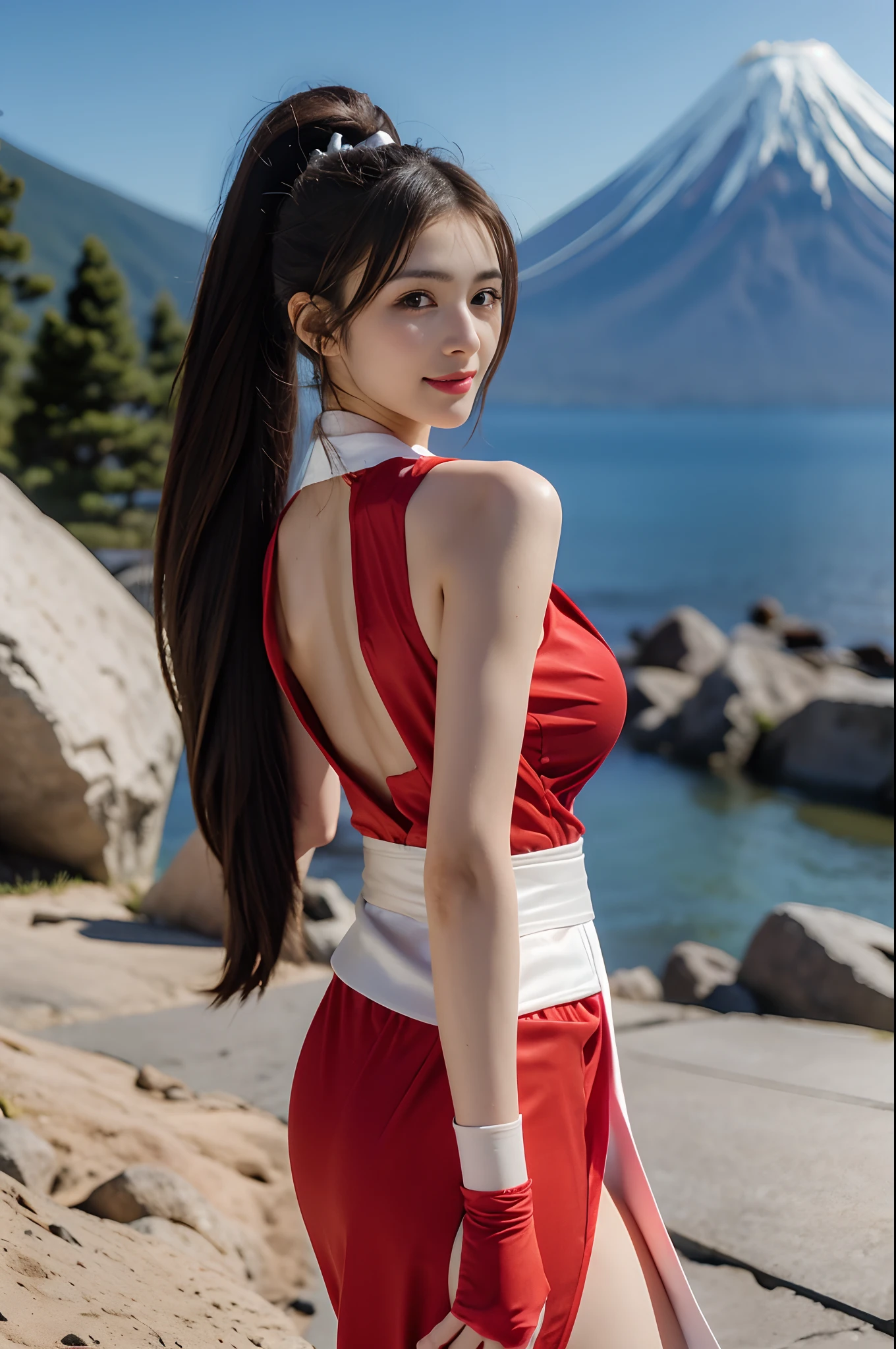 shiranui mai, Brown eyes, Long hair, Brown hair, (Red clothes:1.3)，White ribbon, Sleeveless, pony tails, sash, Pelvic curtain, arm guards, mitts, tabi，A plump chest， Seductive expression, Sexy eyes, Huge breasts, Smile, Cute, view the viewer, Long hair, (breasts focus:1.2), (Realistic:1.2), (Full shot: 1.2), (Realism), (Masterpiece:1.2), (Best quality), (Ultra detailed), (8K, 4K, Intricate), (85mm), Light particles, lighting, (Highly detailed:1.2), (Detailed face:1.2), (gradients), sfv, Colorful, (Detailed eyes:1.2), (Mt fuji: 1.2),(Detailed background), (Dynamic Angle:1.2), (Dynamic pose:1.2), (Line of action:1.2), Wide shot, .huge tit，Huge breasts，Bigchest，jpn，Mt fuji，volcanoes