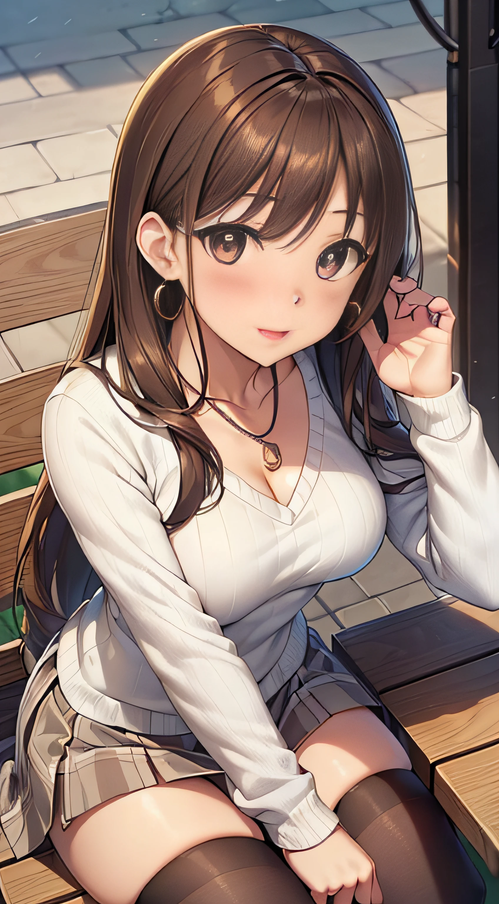 ((masutepiece, Best Quality, hight resolution, nffsw, Perfect Pixel, depth of fields, 4K, nffsw, nffsw)), 1girl in, Single, Solo,  Beautiful Art Style, ((Long hair, Brown hair)), (eyes are brown:1.4, rounded eyes, Beautiful eyelashes, Realistic eyes), (Detailed face, Blushing:1.2), (Smooth texture:0.75, Realistic texture:0.65, Photorealistic:1.2, Anime CG style), ((tiny chest)), cleavage of the breast, (Dynamic Angle, Dynamic Pose:1.4, looking to viewer), Perfect body, (Thin leg)、((White sweater, Long sleeve, plaid skirts, Stockings)), Smile, Open mouth, (Leaning forward),, amusement park, a necklace, Rounded earrings、during a meal、sit a chair、frontage、(Leaning over the table)