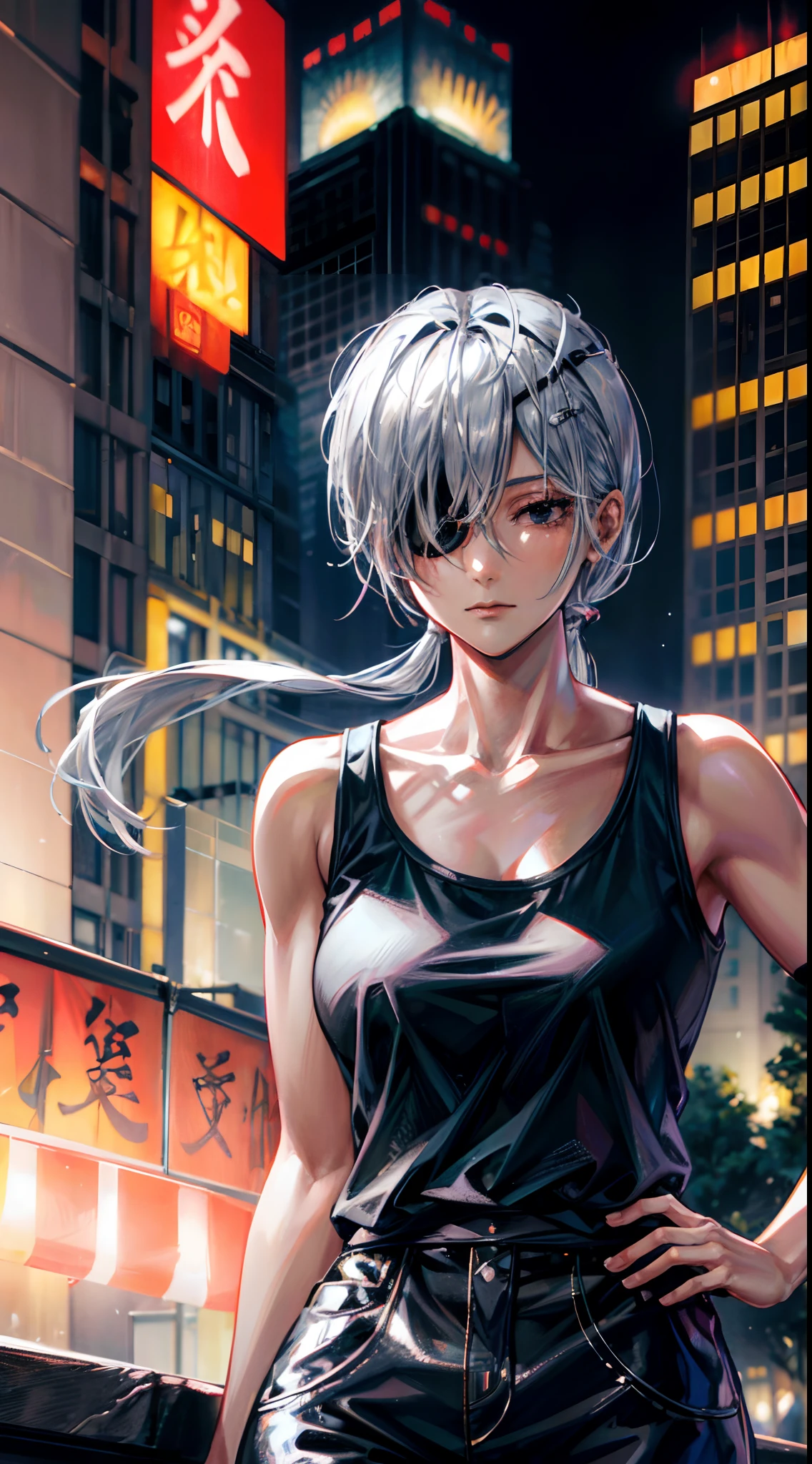 (absurdres, highres, ultra detailed, HDR), masterpiece, best quality, portrait, female focus, face focus, quanxi, silver hair, ponytail, black eye, eyepatch, black tank top, pants, detailed face, detailed eye, detailed hair, detailed outfit, Shanghai(city), city background, collapsed cityscape, luxurious, 8k, detailed, ray tracing, depth of field, cinematic lighting, looking at another, night sky