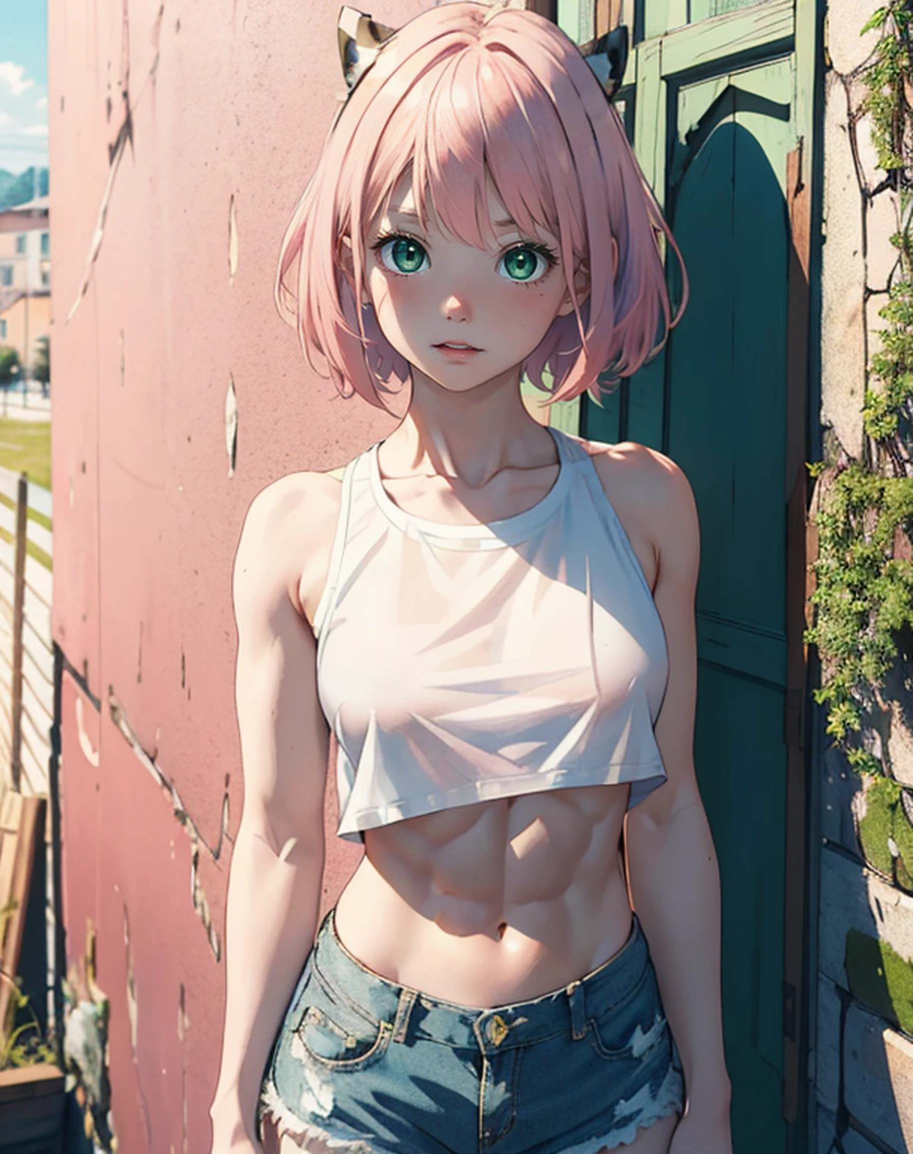 masterpiece, best quality, highres, 1 young woman, solo, /anya/,bangs,pink hair, short hair, green eyes,perfect body,abs:1.2, against wall, medium breast,(white crop top,shorts),(natural lighting),colorful,hd,(musculature:1.1), focus character,(sience fiction),(seamless wallpaper:1.2),small twin horns,