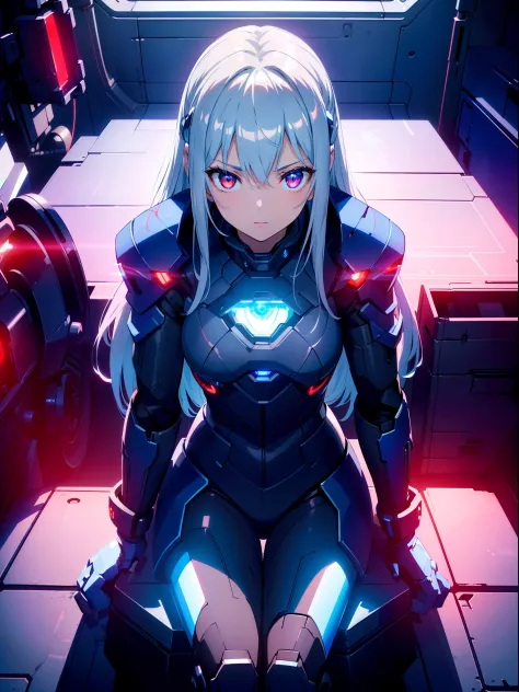 1 cute girl ,darkness,  (((red and blue lighting))),(cinematic lighting), blue mechanical suit, sitting on narrow mechanical coc...