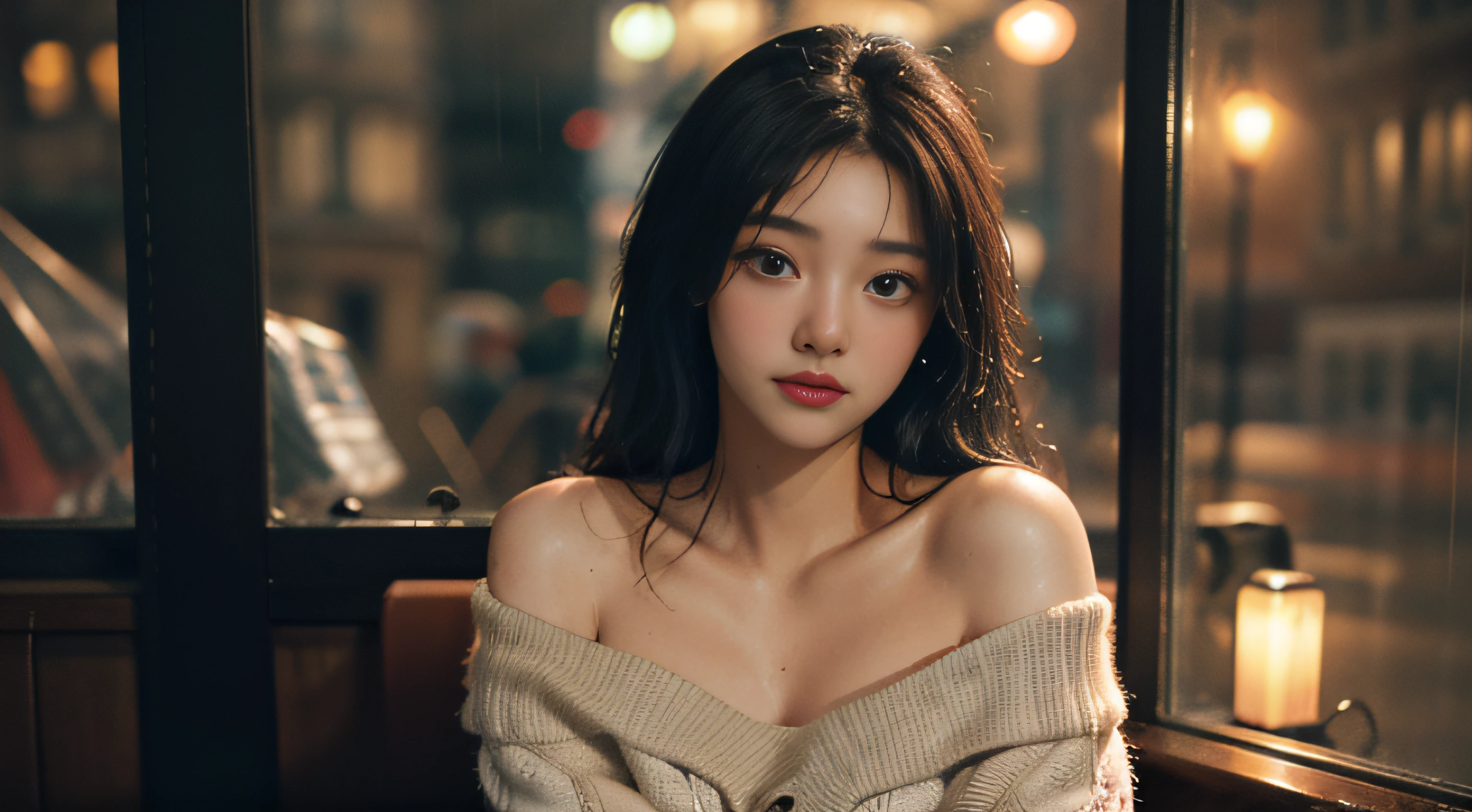 maximum quality、MASTERPIECE、Super High Resolution、(photorealistic:1.4)、Raw photo、1 girl、off shoulder、In the rainy city、A crowded figure in the background、Rainy evening、Sit in an antique café、Warm lights、It looks cold outside the window、Distract your gaze、Wet road surface