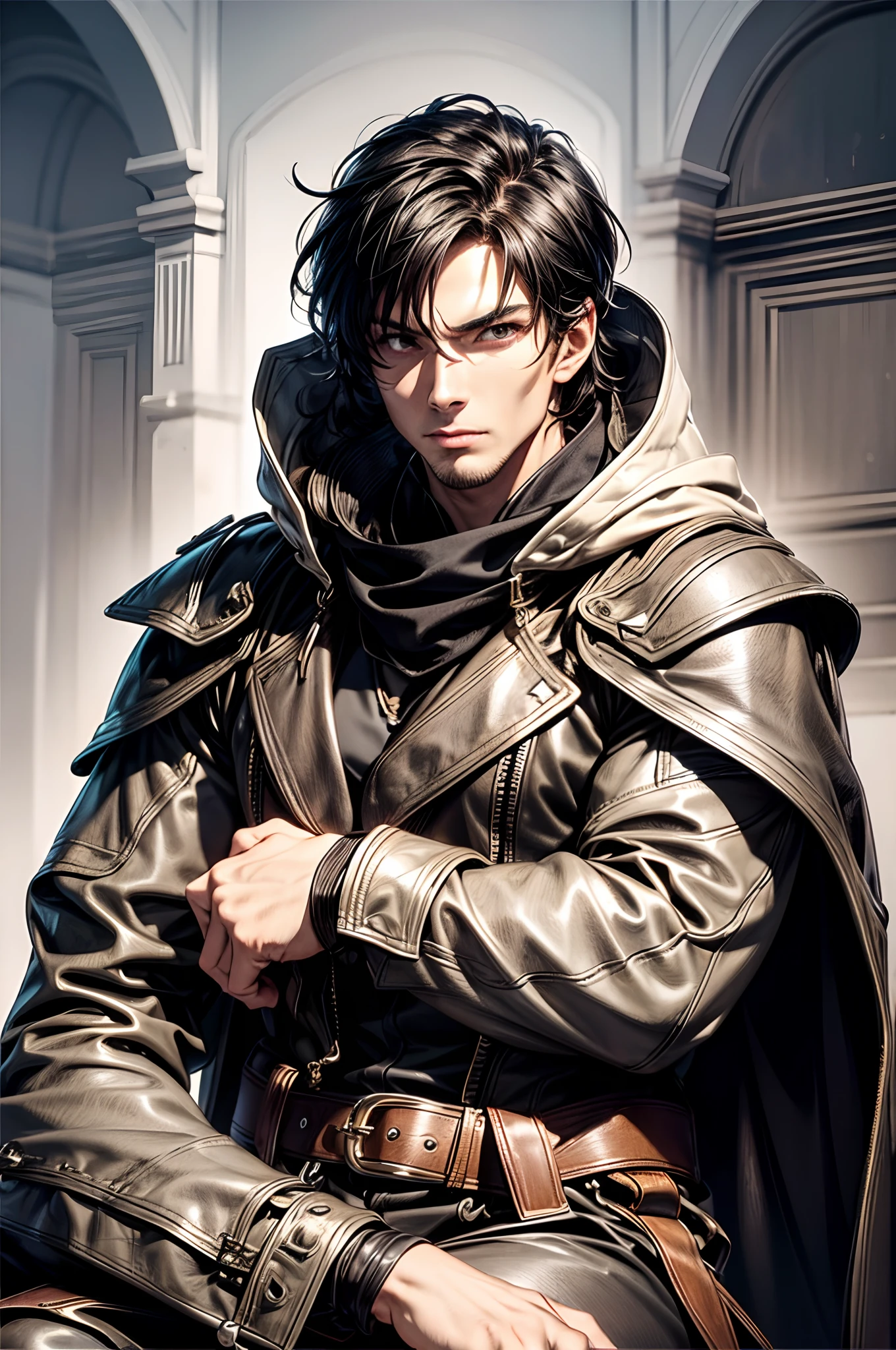 (absurderes, hight resolution, ultra-detailliert), 1 male, Adult, Handsome, High muscular face, broad shoulders, finely detailed eyes, Short black hair, Brown eyes, Black cloak, Wearing a hood, Leather Vest, Leather bag at waist................., 2 daggers on the belt, castle, Medieval atmosphere, Natural Light and Shadow, Bright particles fly around a person, Fantastic, Mysterious, Bright glow,  Seated Pose, Serious expression, Cold, thoughtful, Mouth Shut