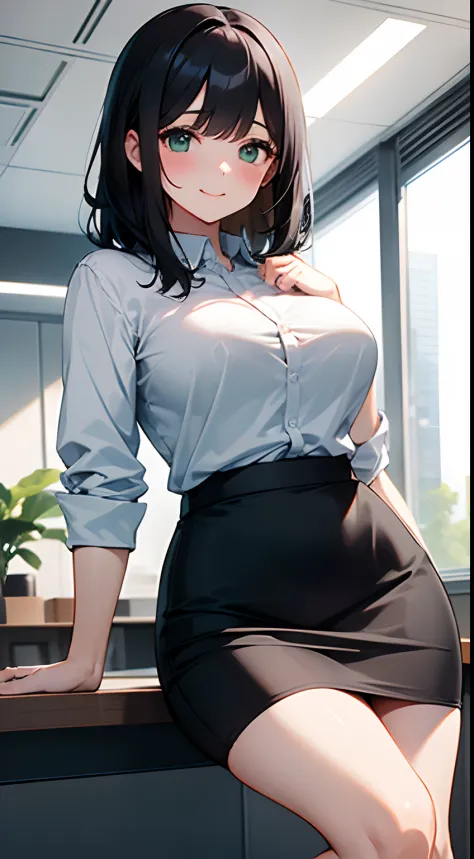 /(Modern office indoors/), 1 Lady Solo, /(Black medium hair/) Bangs, /(Office Casual Pencil Mini Skirt Green/) /(ID Card/), blush gentle smile, (masterpiece best quality:1.2) Delicate illustrations High resolution super detail, Large breasts,White panty