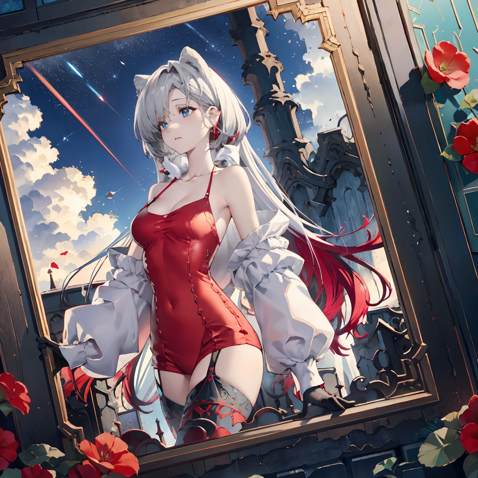 Red transparent sex outfit，full bodyesbian，Flower frame，Decorative panels， abstract artistic，  Color splattering，Fibonacci， starrysky， natta， exteriors， Clouds， Eau， Sumeru， Clouds， themoon，Leakage out of the collarbone，Neck leakage