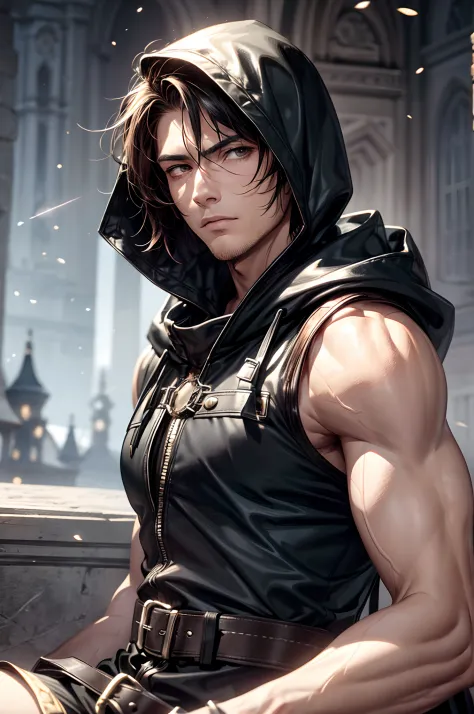 (absurderes, hight resolution, ultra-detailliert), 1 male, Adult, Handsome, High muscular face, broad shoulders, finely detailed eyes, Short black hair, Brown eyes, Black cloak, Wearing a hood, Leather Vest, Leather bag at waist.................., 2 dagger...