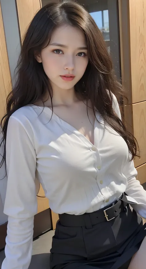 Looks without a bra、Protruding nipple、(in 8K、top-quality、​masterpiece:1.2)、(realisitic、Photorealsitic:1.37)、ultra-detailliert、女の子 1 人、cute little、独奏、Beautiful detailed sky、s Office、sitting on、date、(Nasal blush)、 (Perfect beautiful face:1.15)、(a closed mout...