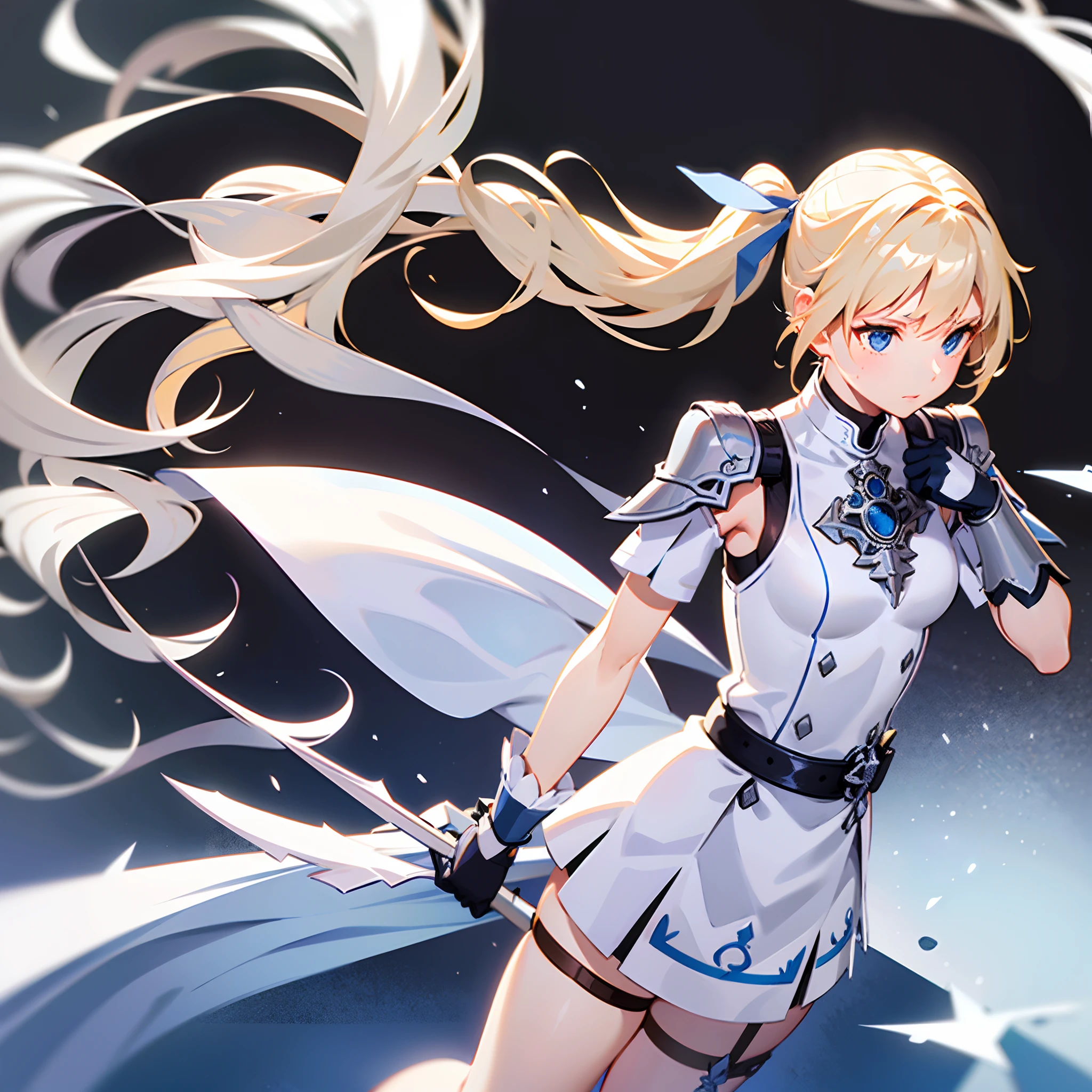 blonde, long pony tail, blue ribbon, silver chestplate, silver shoulderplates, leather tight short, white high socks, warrior, girl, floating in white background, long sword, long slim sword