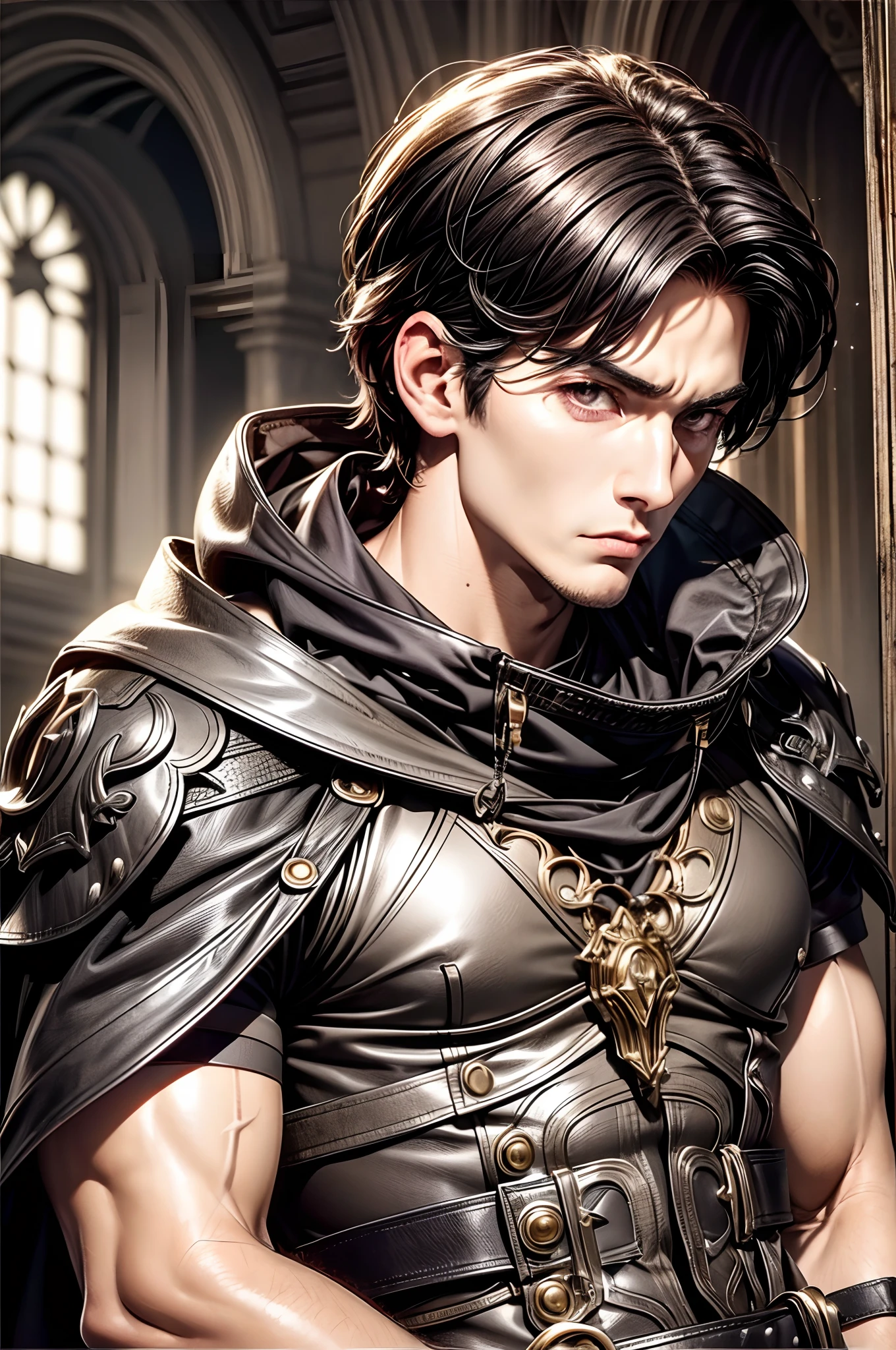 (absurderes, hight resolution, ultra-detailliert), 1 male, Adult, Handsome, High muscular face, broad shoulders, finely detailed eyes, Short black hair, Brown eyes, Black cloak, Wearing a hood, Leather Vest, Leather bag at waist...................., 2 daggers on the belt, castle, Medieval atmosphere, Natural Light and Shadow, Bright particles fly around a person, Fantastic, Mysterious, Bright glow,  Seated Pose, Serious expression, Cold, thoughtful, Mouth Shut