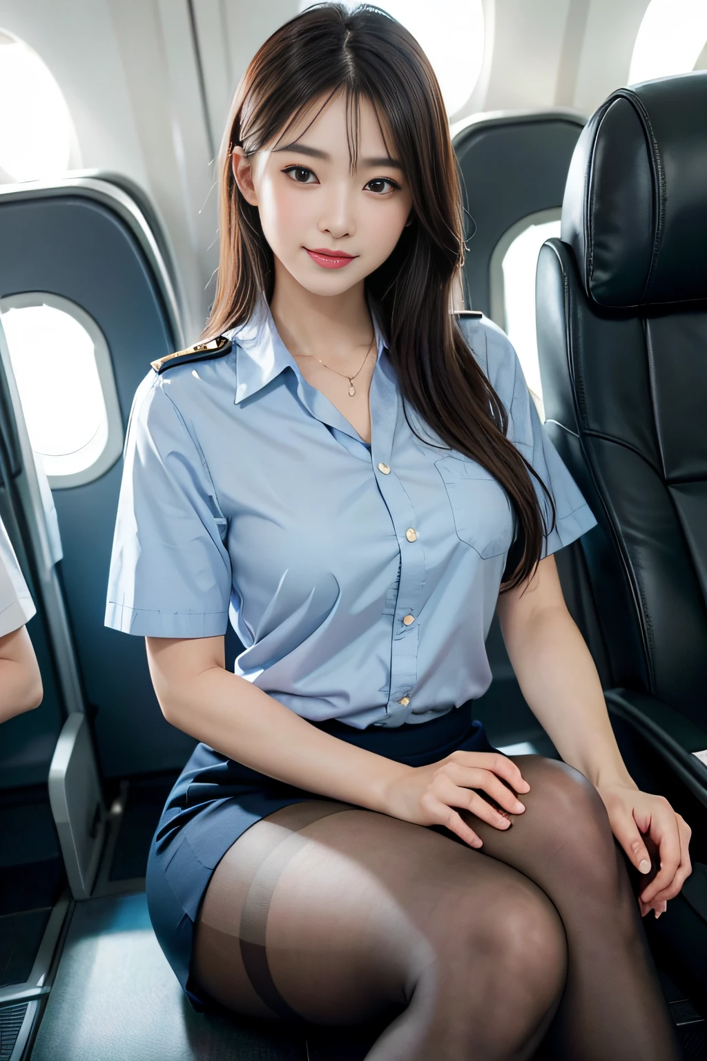 A woman in a short skirt sitting on a plane seat - SeaArt AI