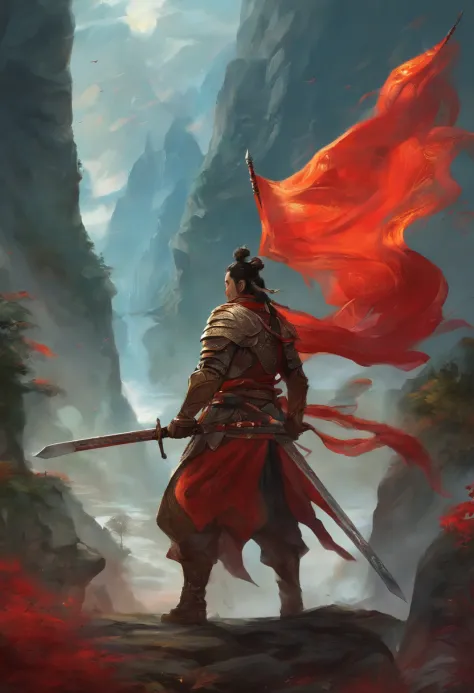 HD clear，Optimal image，illustration，超詳細，high detal，Two heavily armed samurai looked up from the mountain，eventide，In the daytime，，katana swords，longspear，preparing to fight，Blood dripping，Battle flag，eventide，sky-high tower