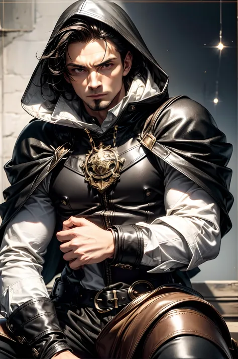 (absurderes, hight resolution, ultra-detailliert), 1 male, Adult, Handsome, High muscular face, broad shoulders, finely detailed eyes, Short black hair, Brown eyes, Black cloak, Wearing a hood, Leather Vest, Leather bag at waist......................, 2 da...