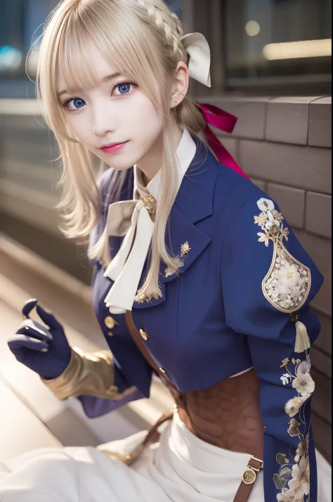 violet evergarden, violet evergarden, blonde hair, blue eyes, hair ribbon, bow ribbon, short hair, braids, hair braids, red ribb...