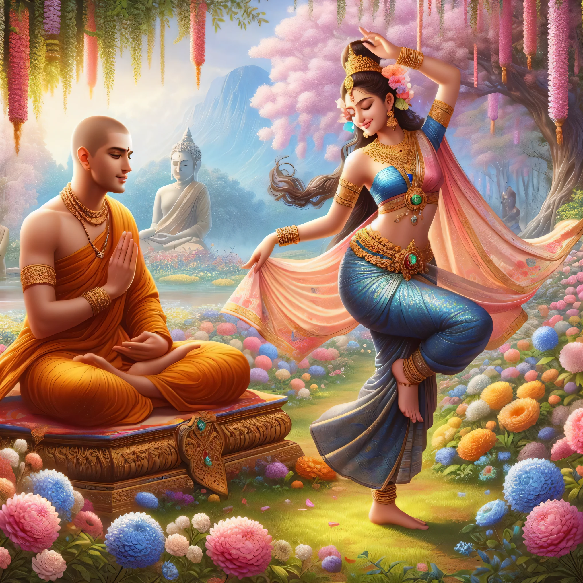 a painting of a man and woman sitting on a bench in a garden, goddess of love and peace, hindu art, beautiful depiction, a beautiful artwork illustration, thailand art, rob rey and kentarõ miura, by Alexander Kucharsky, indian art, by Daryush Shokof, hindu aesthetic, standing gracefully upon a lotus