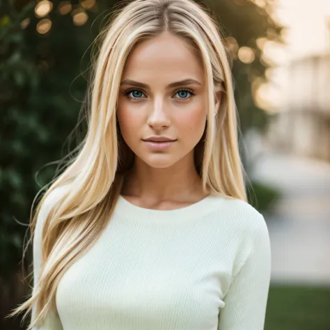 a beautiful woman with long blonde hair, tight shirt, wearing tight shirt, brown eyes, soft light from the side, beautiful blonde girl, Sexy girl, 2 4 year old female model, attractive girl, Blonde Goddess, blonde girl, white sweater, sexy look, with natur...