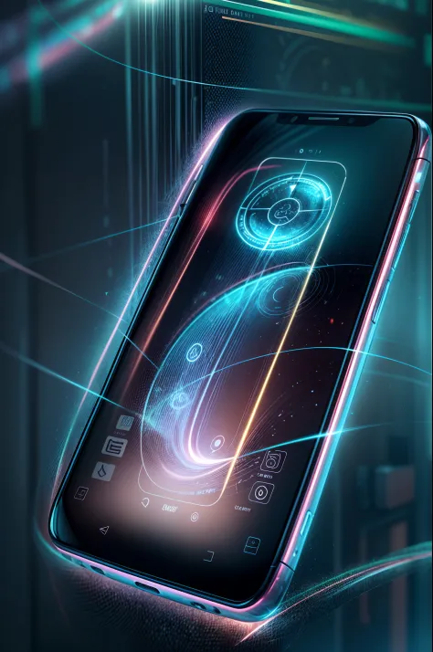 Image of futuristic phone design, A smartphone with a hard light structure, Holographic hard light screen, The scene shows different applications, Futuristic technology