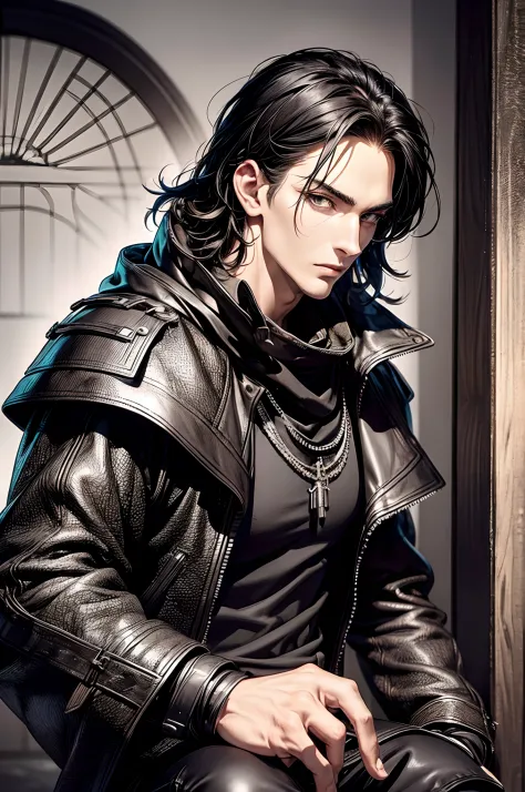 (absurderes, hight resolution, ultra-detailliert), 1 male, Adult, Handsome, High muscular face, broad shoulders, finely detailed eyes, Short black hair, Brown eyes, Black cloak, Wearing a hood, Leather Vest, Leather bag at waist...............................