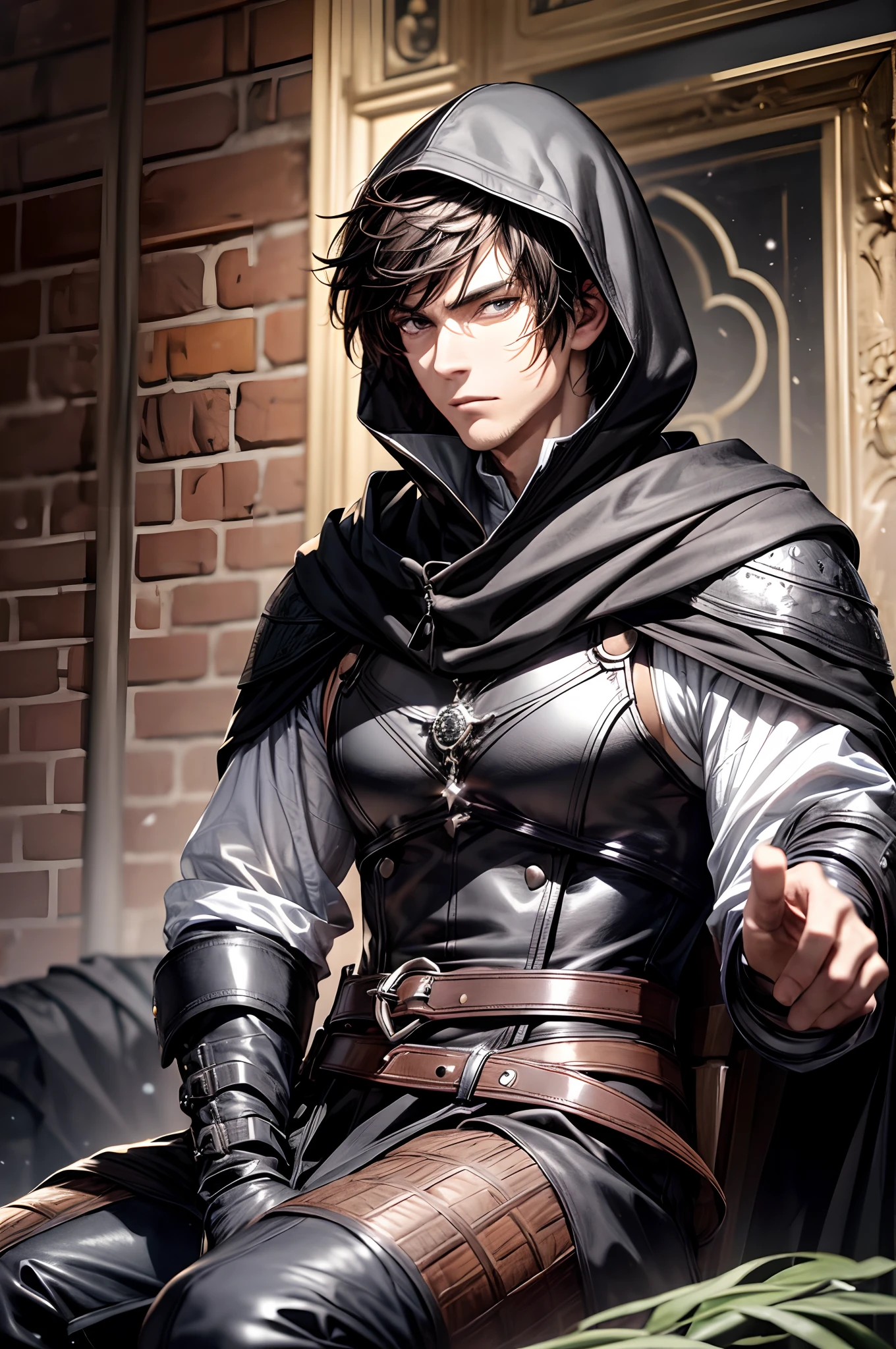 (absurderes, hight resolution, ultra-detailliert), 1 male, Adult, Handsome, High muscular face, broad shoulders, finely detailed eyes, Short black hair, Brown eyes, Black cloak, Wearing a hood, Leather Vest, Leather bag at waist............................., 2 daggers on the belt, castle, Medieval atmosphere, Natural Light and Shadow, Bright particles fly around a person, Fantastic, Mysterious, Bright glow,  Seated Pose, Serious expression, Cold, thoughtful, Mouth Shut