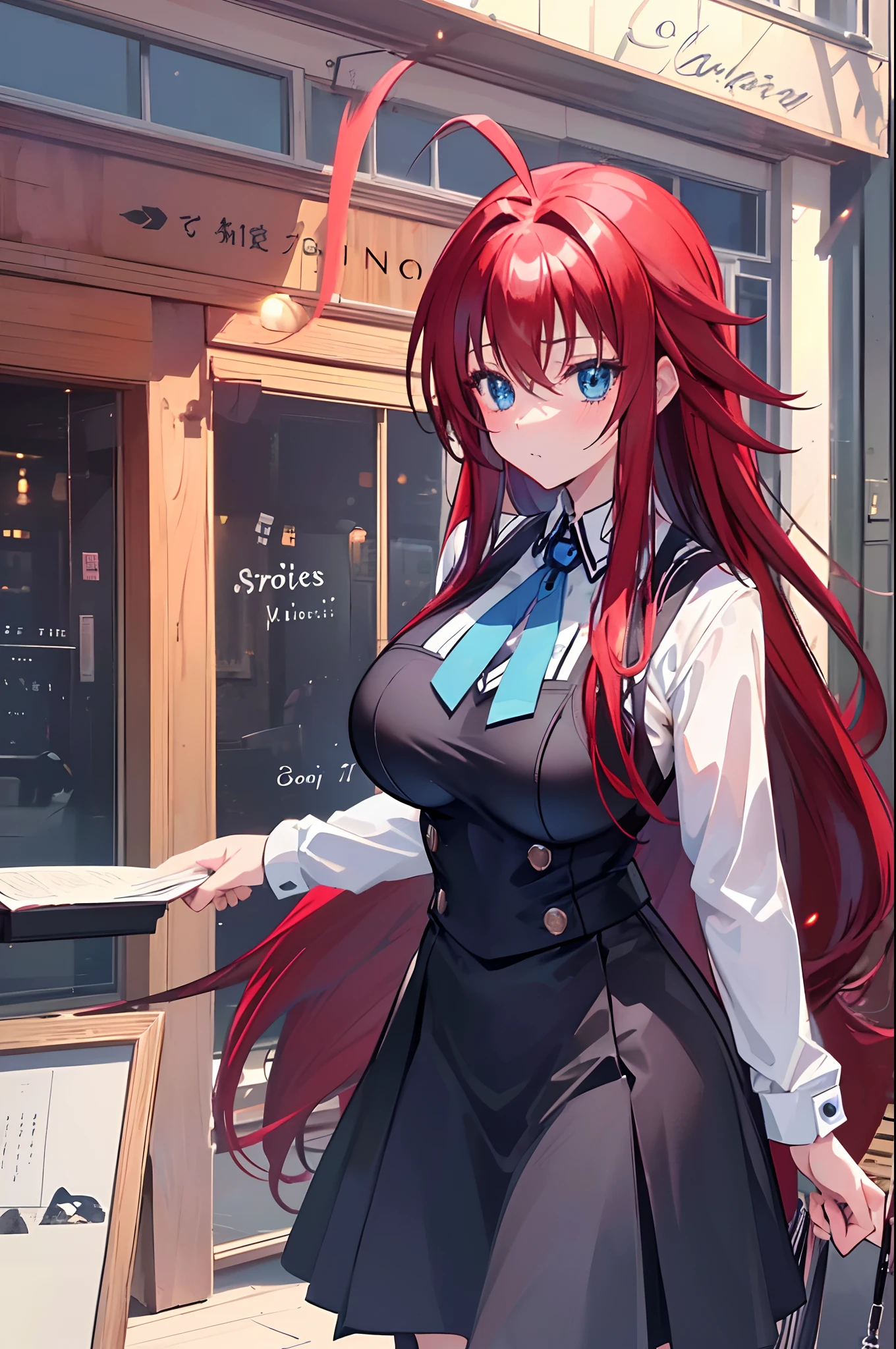 Anime girl with red hair and blue eyes in front of a store - SeaArt AI