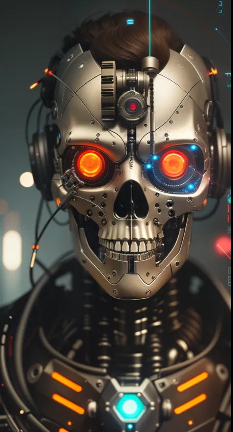 Il y a un squelette avec des yeux brillants et une horloge dessus, portrait of a cyber skeleton, Squelette cyberpunk, detailed portrait of a cyborg, portrait of a cyberpunk machine, Portrait de cyborg, Portrait de Terminator, Terminator Art, 4k highly deta...