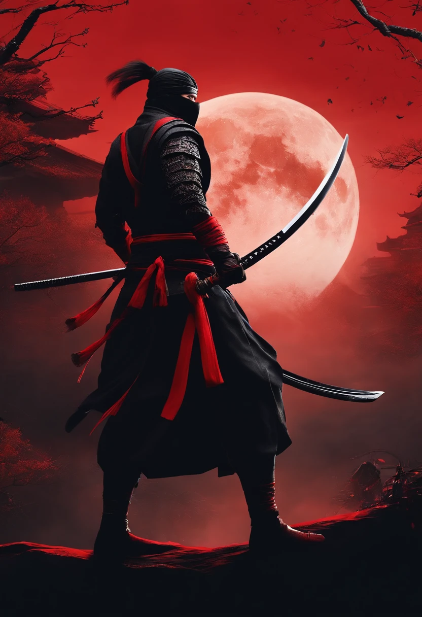 A man in a samurai outfit holding two swords in front of a full moon ...