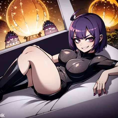 Young girl, purple hair, Asymmetric hair cut, smiling, in a hotest cave, fire behind, hell, ahegao face, succubus, black latex outfits, 4k masterpiece