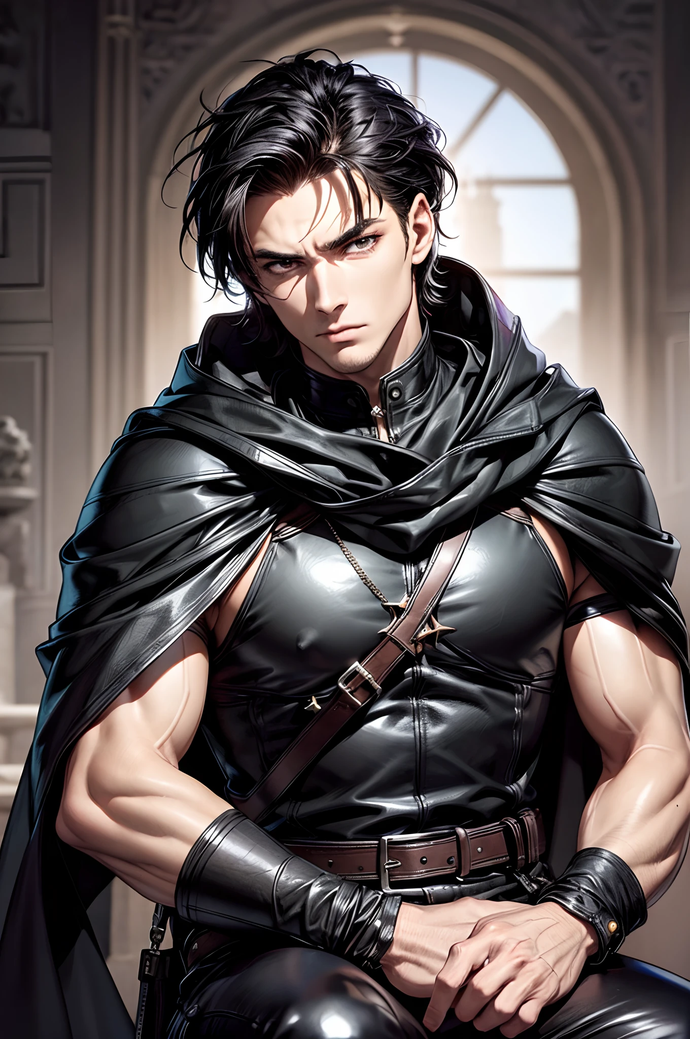 (absurderes, hight resolution, ultra-detailliert), 1 male, Adult, Handsome, High muscular face, broad shoulders, finely detailed eyes, Short black hair, Brown eyes, Black cloak, Wearing a hood, Leather Vest, Leather bag at waist.............................., 2 daggers on the belt, castle, Medieval atmosphere, Natural Light and Shadow, Bright particles fly around a person, Fantastic, Mysterious, Bright glow,  Seated Pose, Serious expression, Cold, thoughtful, Mouth Shut